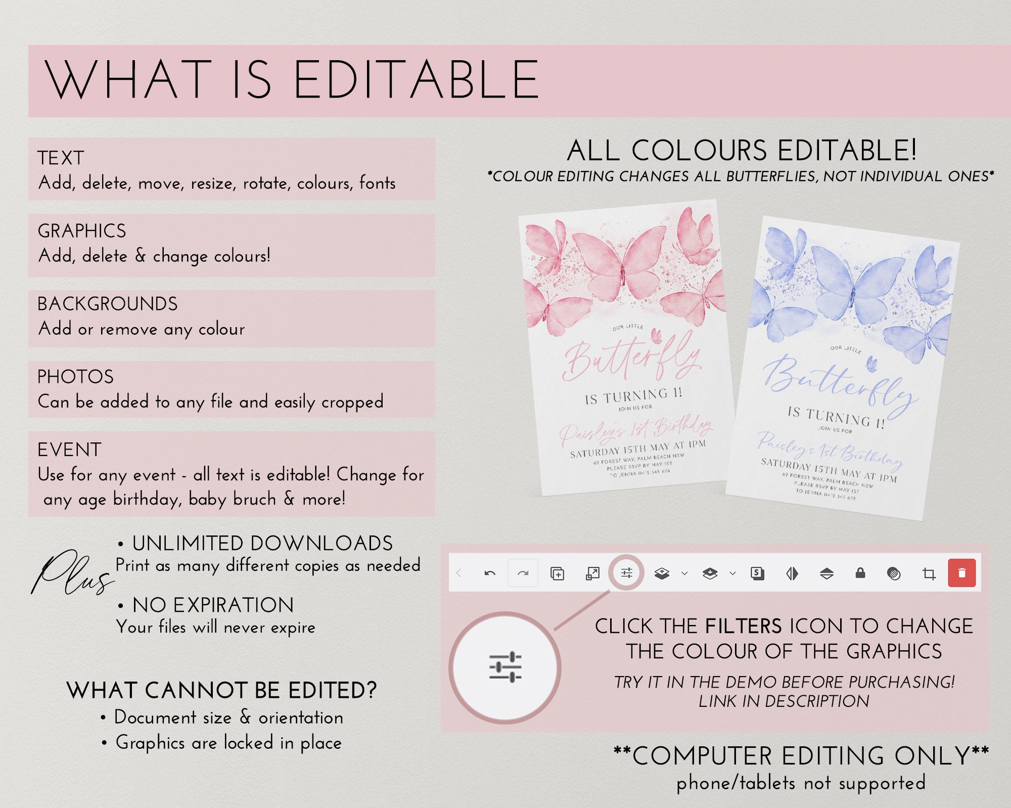 Editable Food Labels, Butterfly Food Label Card, 1st Birthday Food Tags ...