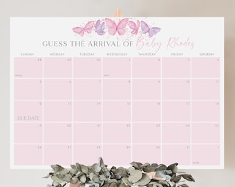 May include: Pink and white calendar with butterflies and glitter. The calendar is for guessing the arrival of Baby Rhodes. The due date is marked on the calendar.