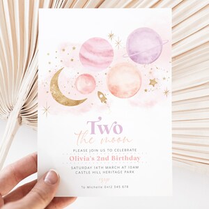 Two the Moon Birthday Invitation Template, 2nd Birthday Space Invitation, Two the Moon Space Invitation Girl, Printable Birthday Invitation