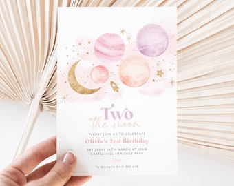 Two the Moon Birthday Invitation Template, 2nd Birthday Space Invitation, Two the Moon Space Invitation Girl, Printable Birthday Invitation