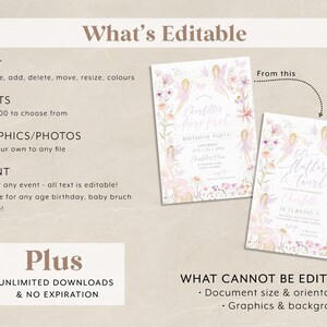 K&ouml;nnte beinhalten: Editierbare Einladungsvorlage mit einem Feen-Thema. Die Vorlage zeigt eine Aquarell-Illustration von Feen, Blumen und Schmetterlingen. Der Text auf der Einladung lautet "Charlotte's Hatter & Twirl Birthday Party".