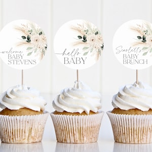 Boho Cupcake Toppers, Baby Shower Cupcake Toppers, Printable Greenery Floral Baby Shower Cupcake Topper, Editable Cupcake Toppers Neutral