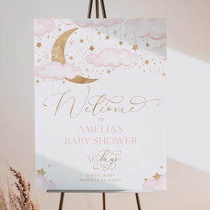 Moon Stars Welcome Sign Printable, Over the Moon Baby Shower Welcome Sign, Twinkle Twinkle Baby Shower Welcome Sign, Girl Baby Shower Pink