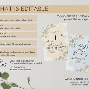 May include: Editable printable invitation template for a baby's first birthday party. The design features a honeycomb pattern, bees, and floral elements in shades of yellow, white, and blue. The text reads "Our little bug is turning 1" and "Delilah's First Bee-Day!" with a date and time.