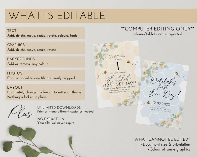 May include: Editable printable invitation template for a baby's first birthday party. The design features a honeycomb pattern, bees, and floral elements in shades of yellow, white, and blue. The text reads "Our little bug is turning 1" and "Delilah's First Bee-Day!" with a date and time.
