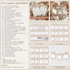 May include: A printable set of 35 baby shower games, including advice, wishes, and predictions. The games are printed on white paper with a floral design and are 5x7 inches in size. The set also includes game tickets, food number labels, and signs.
