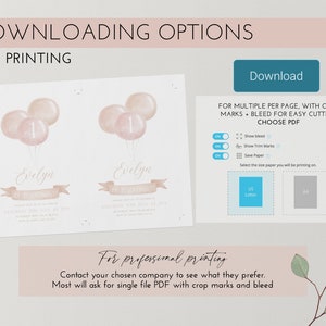 May include: A digital download invitation with a watercolor design. The invitation features the name "Evelyn" and the text "is turning 1". The design includes balloons and a banner. Options for PDF download are shown.