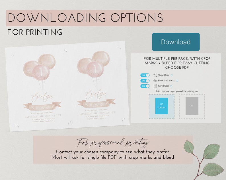 May include: A digital download invitation with a watercolor design. The invitation features the name "Evelyn" and the text "is turning 1". The design includes balloons and a banner. Options for PDF download are shown.