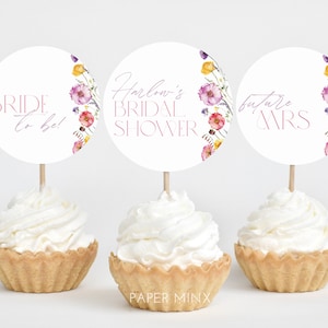 Floral Cupcake Toppers, Bridal Shower Cupcake Toppers, Printable Cupcake Topper, Editable Cupcake Toppers, Pink Floral Bridal Shower Cupcake