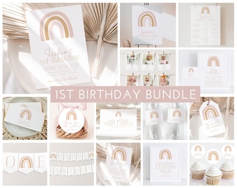 May include: A printable 1st birthday party bundle featuring a rainbow theme. The bundle includes a range of items, such as invitations, food labels, a banner, a sign, and cupcake toppers. The colours are pink, gold, and white.