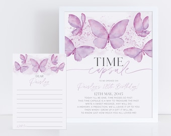 May include: A printable time capsule for a birthday celebration. The design features a watercolor background with purple butterflies and the text "Time Capsule" and "To be opened on Paisley's 18th Birthday! 12th May, 2045".