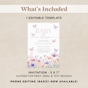 May include: A baby shower invitation with a watercolor floral design and butterflies. The text reads "Baby in Bloom" and includes the name "Selena Davies" and the date "Sat 25 Aug".