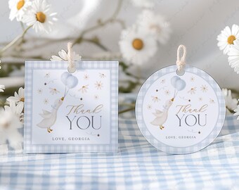 May include: Two thank you tags with a blue and white gingham pattern. The tags feature a cartoon goose holding balloons and the text "Thank You" with the name "Georgia" below.
