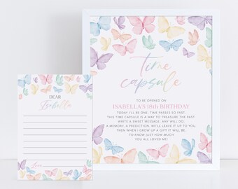May include: A printable time capsule card with a watercolor butterfly design. The card has the text "Time Capsule" and instructions to be opened on Isabella's 18th birthday. The card also includes a space for a message to Isabella.