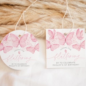 Butterfly Favor Tag, Birthday Thank You Tag, Pink Butterfly Birthday Gift Tags, Girl First Birthday, Butterfly 1st Birthday Favour Tags Pink