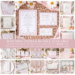 May include: A set of printable baby shower party decorations featuring a pink and white gingham pattern with a silly goose theme. The set includes a welcome sign, a diaper raffle sign, a book for baby sign, a bar sign, a thank you sign, and a set of cupcake toppers.