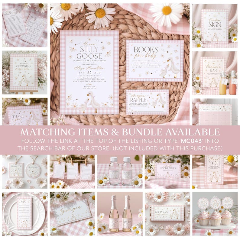 May include: A set of printable baby shower party decorations featuring a pink and white gingham pattern with a silly goose theme. The set includes a welcome sign, a diaper raffle sign, a book for baby sign, a bar sign, a thank you sign, and a set of cupcake toppers.