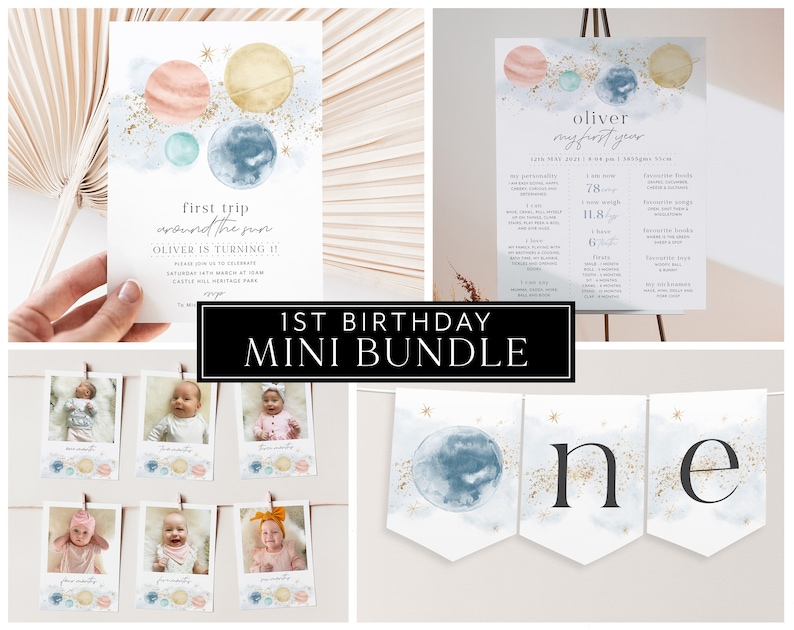 Op de afbeelding: Een set printbare feestversiering voor een eerste verjaardag met een ruimtethema. De set bevat een banner, een uitnodiging en een poster met de tekst "Oliver my first year". De versiering bevat aquarelplaneten, sterren en gouden glitter.