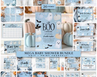 Halloween Baby Shower Boy Invitation Bundle, Printable Invite Blue Halloween Editable Games, Boy Baby Shower Decorations Blue Halloween