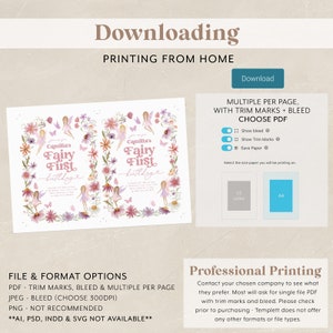 May include: A printable invitation for a fairy-themed first birthday party. The invitation features a pink and purple floral border with fairies and butterflies. The text on the invitation reads "Camilla's Fairy First Birthday".