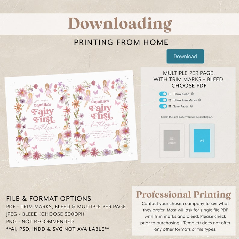 May include: A printable invitation for a fairy-themed first birthday party. The invitation features a pink and purple floral border with fairies and butterflies. The text on the invitation reads "Camilla's Fairy First Birthday".