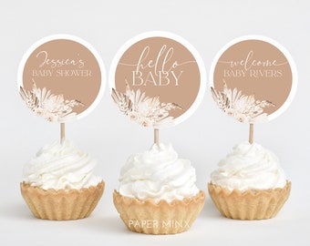 Boho Cupcake Toppers, Baby Shower Cupcake Toppers, Printable Floral Baby Shower Cupcake Topper, Editable Cupcake, Dried Flower Baby Shower