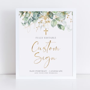 Editable Baptism Sign 8x10, Greenery Signs, Christening Signs, Baptism Signs, Printable Baptism Signs, Greenery and Gold Editable Signs