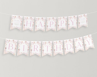 May include: A two-tiered banner with the words "HAPPY BIRTHDAY" in pink letters. Each pennant is decorated with floral and fairy illustrations. The banner is strung on a white string, perfect for a birthday party.