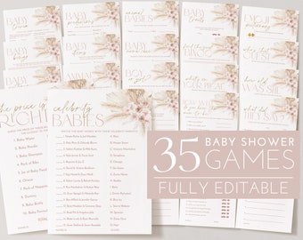Boho Baby Shower Games, Pink Pampas Floral Baby Shower Editable Games, Printable Games, Baby Games Pack, Muted Pink Baby Girl, Dried Flowers