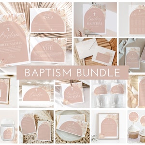 Pink Boho Baptism Invitation Bundle, Christening Invitation Bundle, Girls Boho Christening, Editable Bundle, Girls Baptism Decorations Pink