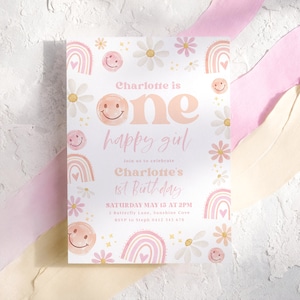 One Happy Girl Birthday Invitation, Rainbow Daisies Smiley Face Invite, 1st Birthday Invitation, 1st Birthday Girl, Onederful One Happy Babe