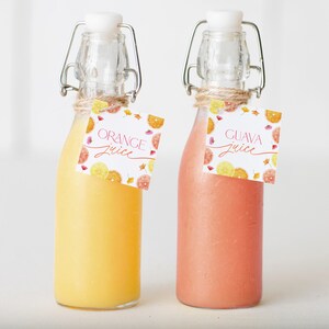 Pu&ograve; includere: Due bottiglie di vetro con tappi a chiusura basculante, riempite di succo d'arancia e succo di guava. Ogni bottiglia ha un'etichetta quadrata con un design ad acquerello di fette di frutta e le parole "succo d'arancia" e "succo di guava" in scrittura rosa.