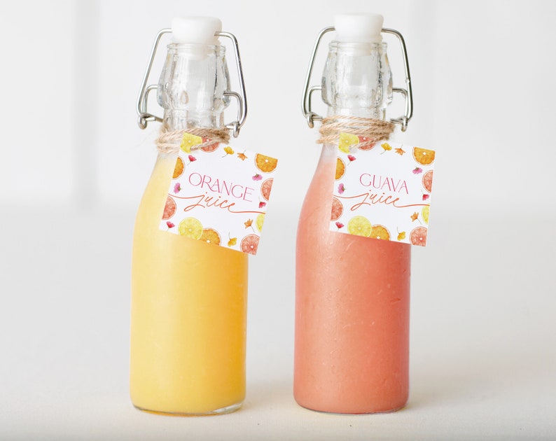 Pu&ograve; includere: Due bottiglie di vetro con tappi a chiusura basculante, riempite di succo d'arancia e succo di guava. Ogni bottiglia ha un'etichetta quadrata con un design ad acquerello di fette di frutta e le parole "succo d'arancia" e "succo di guava" in scrittura rosa.
