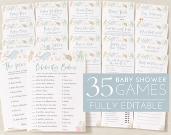 May include: A set of 35 printable baby shower games with a blue and white ocean theme. The games include "Baby Trivia", "Baby Traditions", "Animal Babies", "Baby Traits", "Emoji Pictionary", "Baby Bingo", "Baby Items", "Baby Name Reveal", "Find the Guest Bingo", "Who's That Guest", "Baby Sweethearts", "Invitation", "Boy or Girl", "What's On Your Phone", "How Old Was She", "Guess the Price", "Celebrity Babies", "How Well Do You Know the Mom-to-Be", "What Did They Say?" and more.