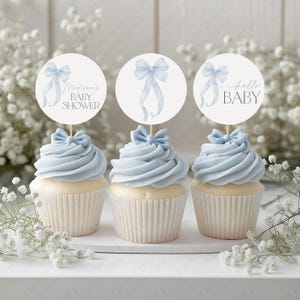 Blue Bow Cupcake Toppers, Blue Bow Baby Shower Cupcake Toppers, Printable Cupcake Toppers, Editable Cupcake Toppers Boys Baby Shower Blue