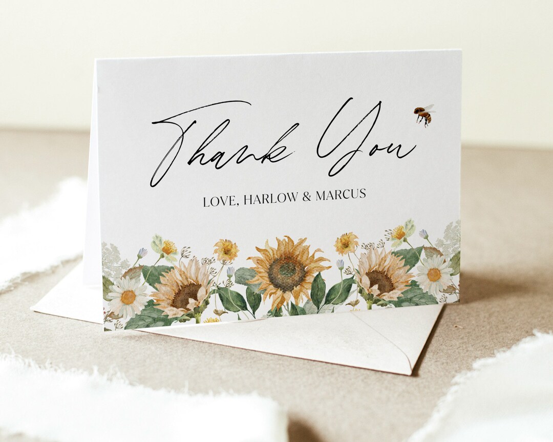 Sunflower Thank You Card Template, Printable Thank You Card, Bee Baby ...