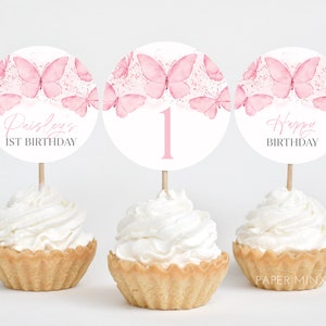 Butterfly Cupcake Toppers, Printable Cupcake Topper, Butterfly Birthday Cupcake Topper, Butterfly 1st Birthday Editable Cupcake Toppers Pink