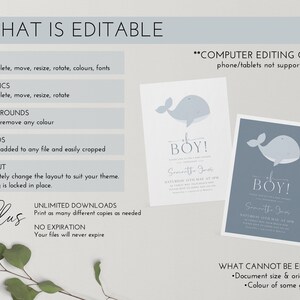 Op de afbeelding: Digitaal uitnodigingsontwerp voor een babyshower met een walvisafbeelding. Het ontwerp bevat de tekst "What is Editable" en "For a Boy!" met details over bewerkingsopties en beperkingen. Beschikbaar om te downloaden.