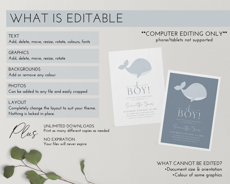 Op de afbeelding: Digitaal uitnodigingsontwerp voor een babyshower met een walvisafbeelding. Het ontwerp bevat de tekst "What is Editable" en "For a Boy!" met details over bewerkingsopties en beperkingen. Beschikbaar om te downloaden.