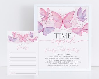 May include: A printable time capsule card with a pink and purple watercolor butterfly design. The card includes the text "Time Capsule" and "To be opened on Paisley's 18th Birthday!" with the date "12th May, 2045". The card also includes instructions for writing a message to be opened on the birthday.