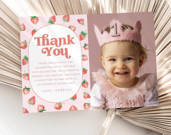 Strawberry Thank You Card Template, Printable Thank You Card, Birthday Thank You Card Editable Template, Berry First Birthday Thank You Card
