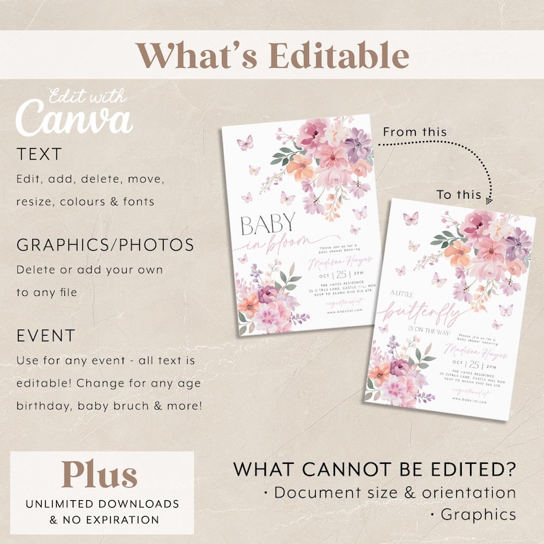 May include: Editable baby shower invitation template featuring a floral design with butterflies and the text "Baby in Bloom". The template is customisable with text, colours, and fonts. Graphics and photos can be added or deleted. The template is available for unlimited downloads with no expiration.