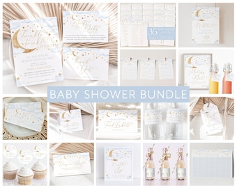 Twinkle Twinkle Baby Shower Invitation Bundle, Printable Baby Shower Blue Star Invitation Editable Games, Boy Baby Shower Decorations Blue
