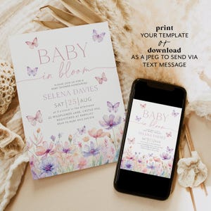 May include: A printable baby shower invitation with a watercolor floral design featuring butterflies and the text "Baby in Bloom" and "Selena Davies". The invitation includes the date and time of the shower, the address, and the registry information.