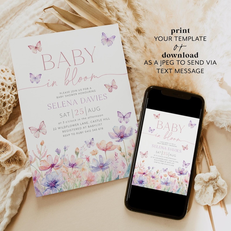 May include: A printable baby shower invitation with a watercolor floral design featuring butterflies and the text "Baby in Bloom" and "Selena Davies". The invitation includes the date and time of the shower, the address, and the registry information.