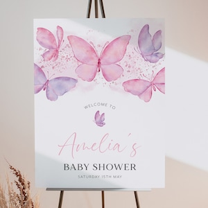 Butterfly Welcome Sign Printable, Butterfly Baby Shower Welcome Sign, Purple Pink Butterflies Baby Shower Welcome Sign, Girl Baby Shower