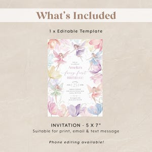 May include: An editable invitation template for a fairy-themed first birthday party. The invitation features a watercolor illustration of fairies and flowers in shades of pink, purple, and blue. The text on the invitation reads "Amelia's fairy first birthday!" and includes details about the party, such as the date, time, and location.