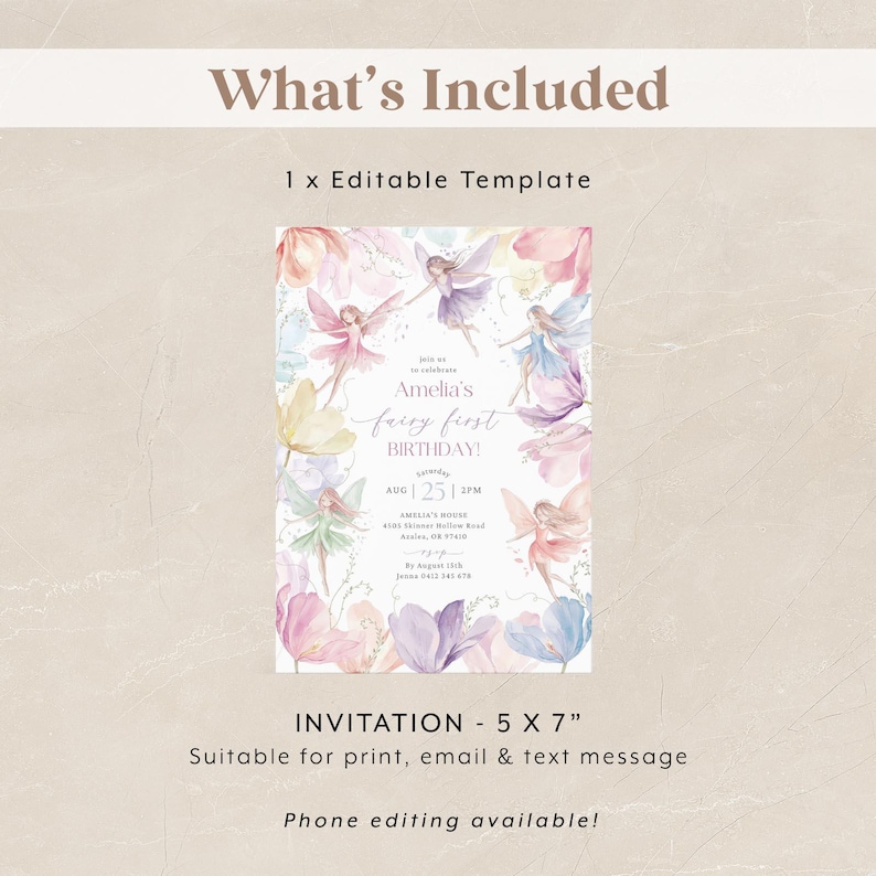May include: An editable invitation template for a fairy-themed first birthday party. The invitation features a watercolor illustration of fairies and flowers in shades of pink, purple, and blue. The text on the invitation reads "Amelia's fairy first birthday!" and includes details about the party, such as the date, time, and location.