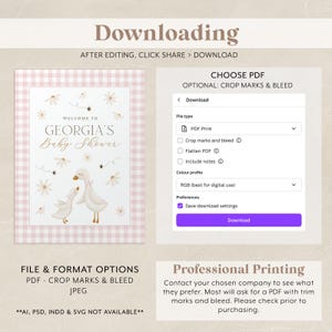 May include: A pink and white gingham background with a printable baby shower invitation featuring two white ducks and a floral design. The invitation says "Welcome to Georgia's Baby Shower". The image also shows a screenshot of a download page with options for crop marks and bleed.