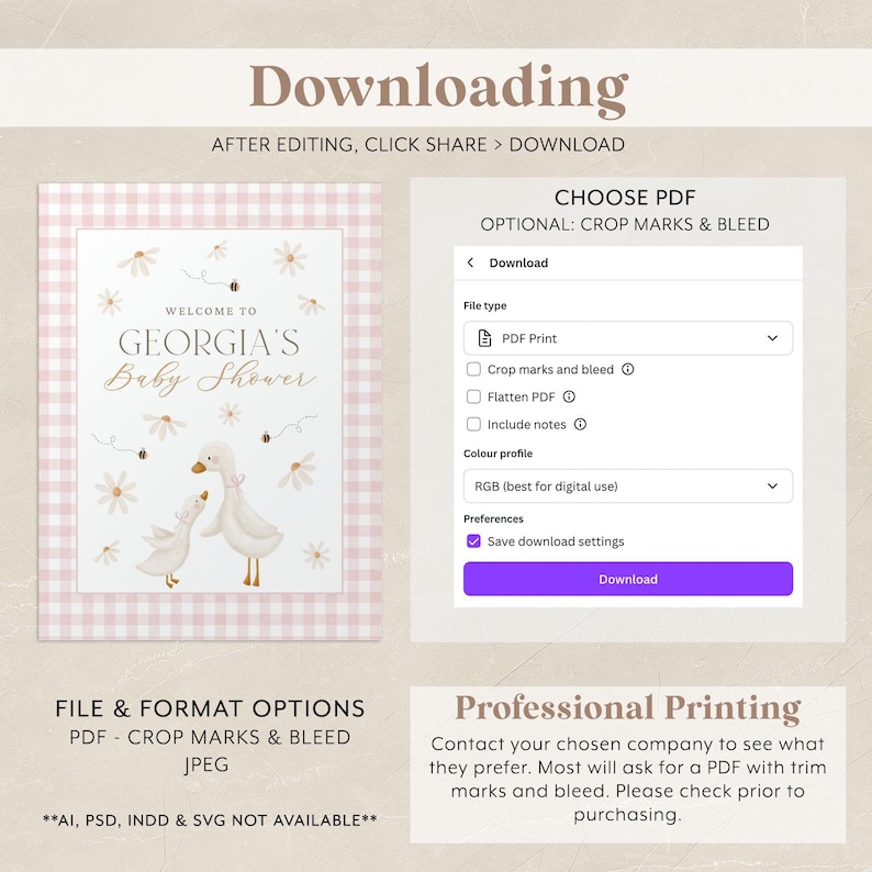 May include: A pink and white gingham background with a printable baby shower invitation featuring two white ducks and a floral design. The invitation says "Welcome to Georgia's Baby Shower". The image also shows a screenshot of a download page with options for crop marks and bleed.